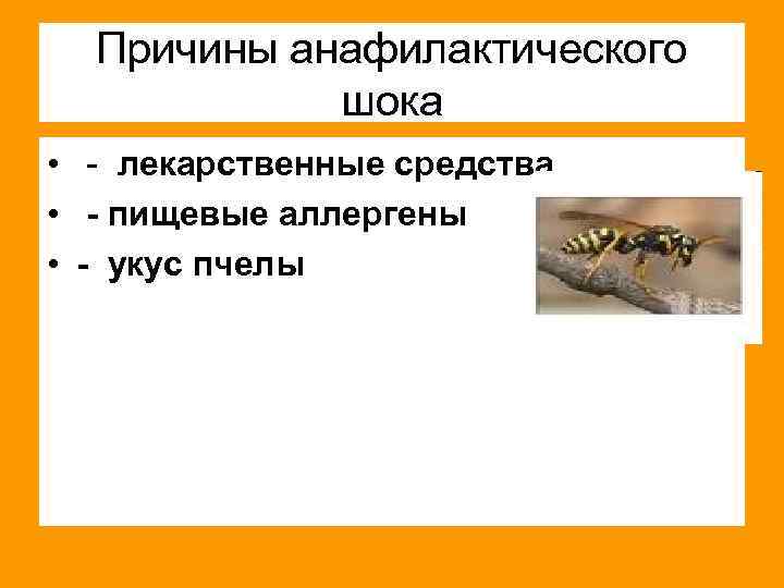 Причины анафилактического шока • - лекарственные средства • - пищевые аллергены • - укус