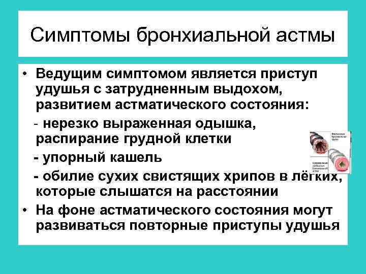 Симптомы бронхиальной астмы • Ведущим симптомом является приступ удушья с затрудненным выдохом, развитием астматического
