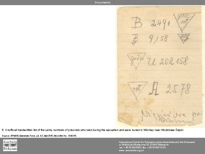 Documents 6. Unofficial handwritten list of the camp numbers of prisoners who sied during