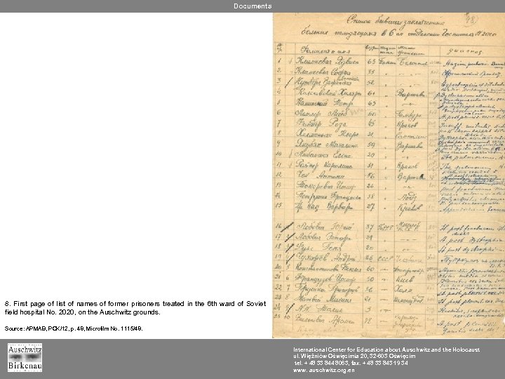 Documents 8. First page of list of names of former prisoners treated in the