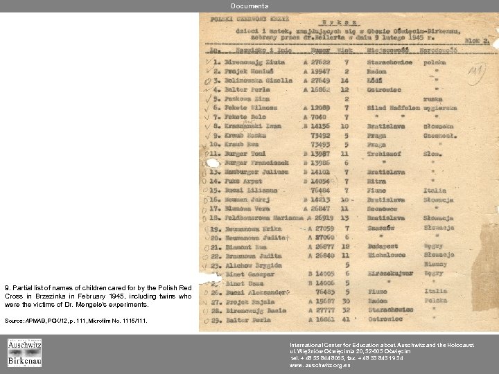 Documents 9. Partial list of names of children cared for by the Polish Red