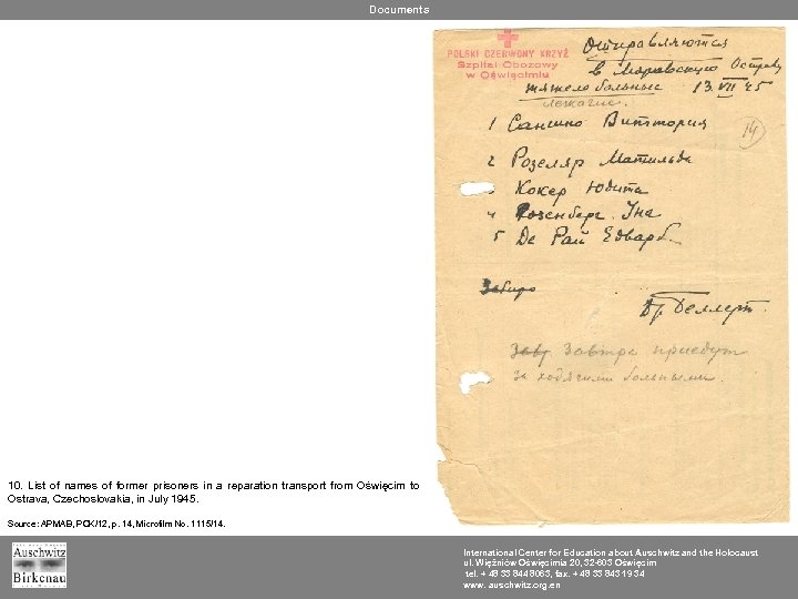 Documents 10. List of names of former prisoners in a reparation transport from Oświęcim