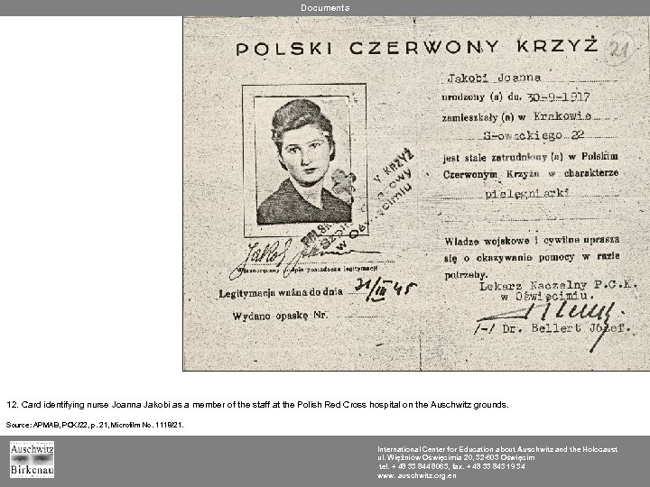 Documents 12. Card identifying nurse Joanna Jakobi as a member of the staff at