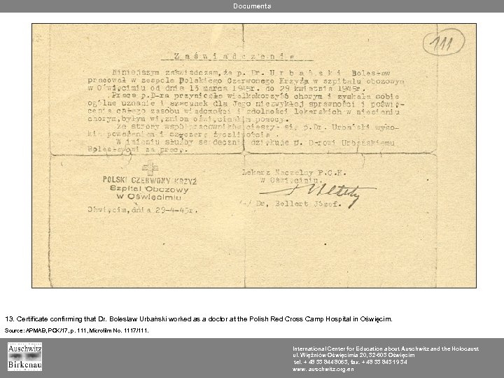 Documents 13. Certificate confirming that Dr. Bolesław Urbański worked as a doctor at the