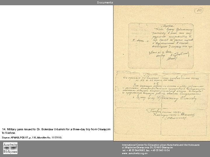 Documents 14. Military pass issued to Dr. Bolesław Urbański for a three-day trip from