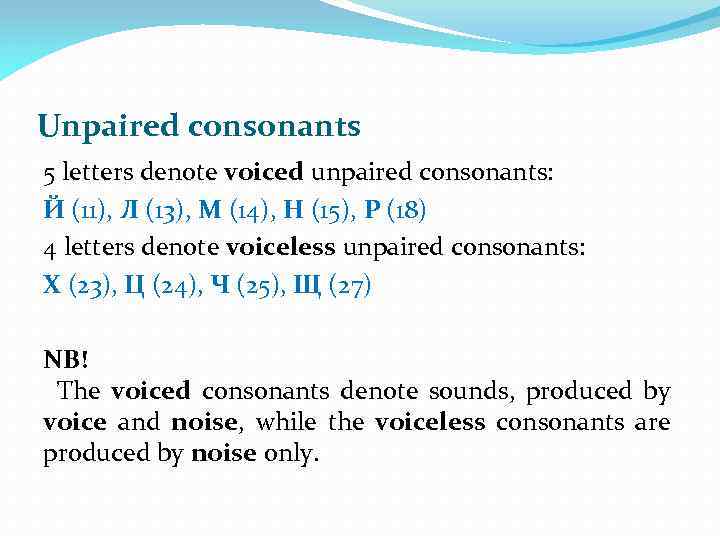 Unpaired consonants 5 letters denote voiced unpaired consonants: Й (11), Л (13), М (14),