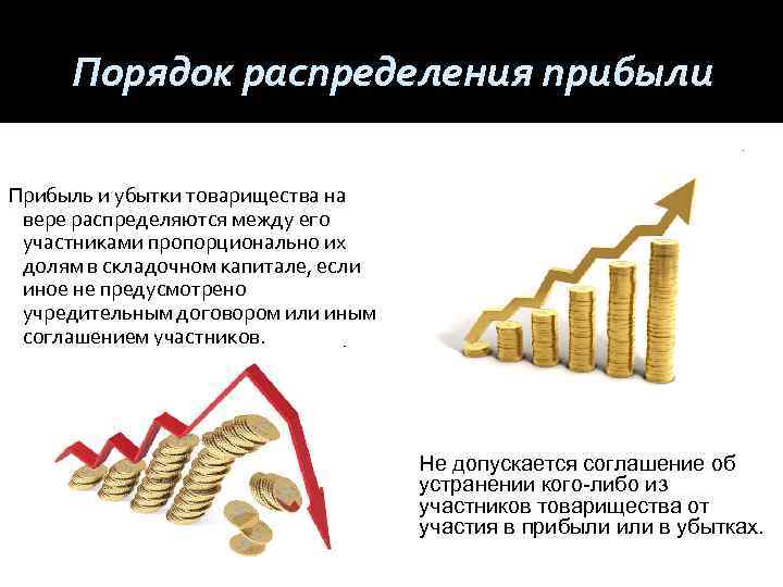 Порядок распределения прибыли Прибыль и убытки товарищества на вере распределяются между его участниками пропорционально