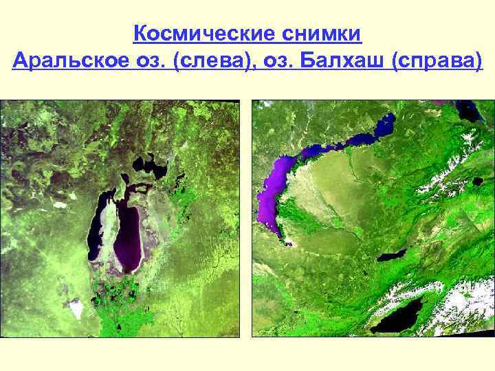 Космические снимки Аральское оз. (слева), оз. Балхаш (справа) 