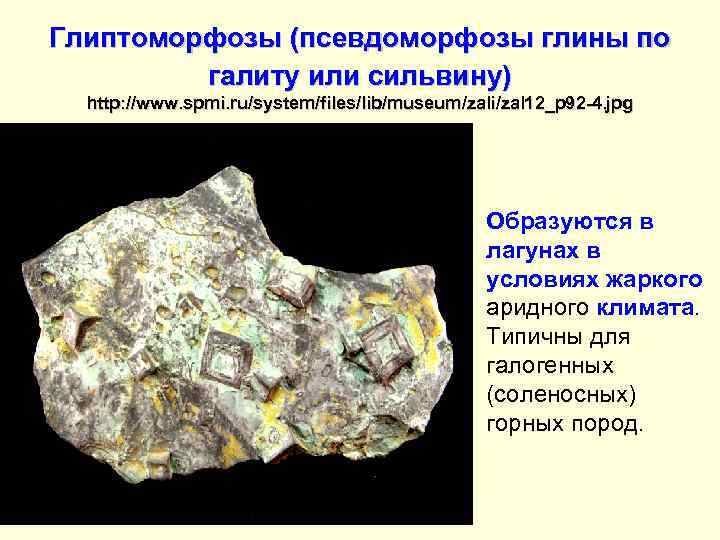 Глиптоморфозы (псевдоморфозы глины по галиту или сильвину) http: //www. spmi. ru/system/files/lib/museum/zali/zal 12_p 92 -4.