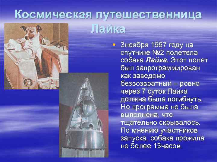 Космическая путешественница Лайка § 3 ноября 1957 году на спутнике № 2 полетела собака