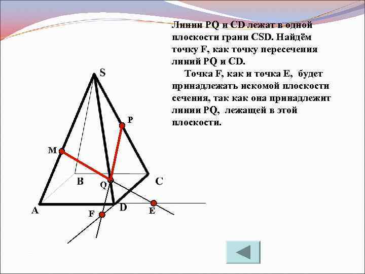 Линии PQ и CD лежат в одной плоскости грани CSD. Найдём точку F, как