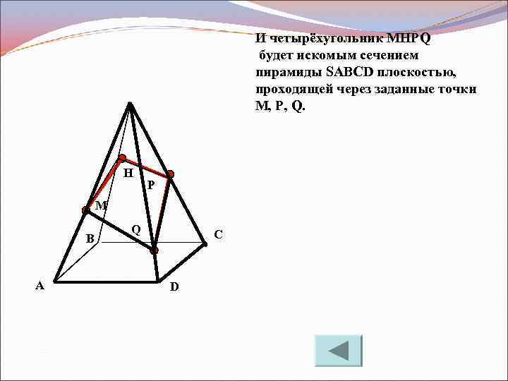 И четырёхугольник MHPQ будет искомым сечением пирамиды SABCD плоскостью, проходящей через заданные точки M,