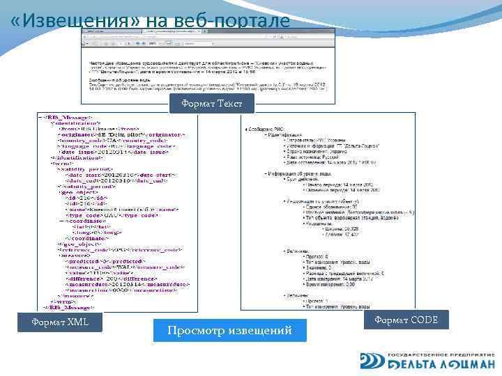  «Извещения» на веб-портале Формат Текст Формат XML Просмотр извещений Формат CODE 