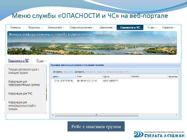 Меню службы «ОПАСНОСТИ и ЧС» на веб-портале Рейс с опасным грузом 
