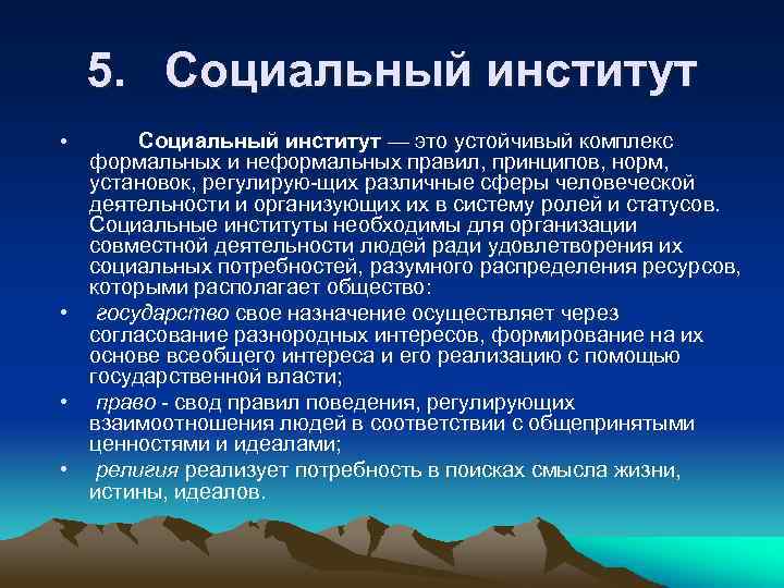 5. Социальный институт — это устойчивый комплекс формальных и неформальных правил, принципов, норм, установок,