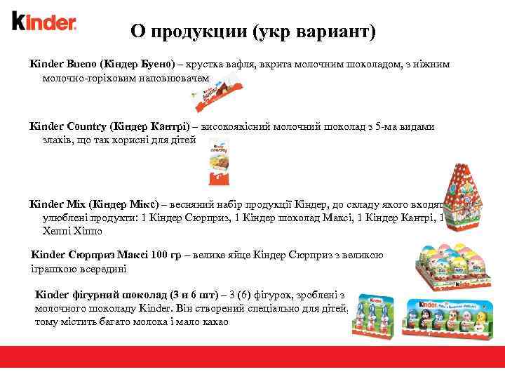 О продукции (укр вариант) Kinder Bueno (Кіндер Буено) – хрустка вафля, вкрита молочним шоколадом,