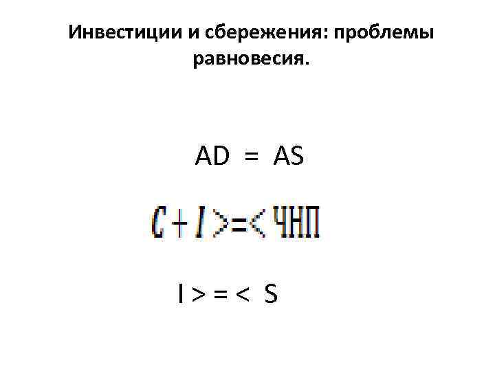 Инвестиции и сбережения: проблемы равновесия. АD = АS I>=< S 