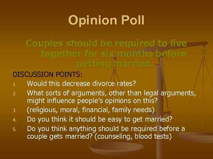 Opinion Poll Couples should be required to live together for six months before getting