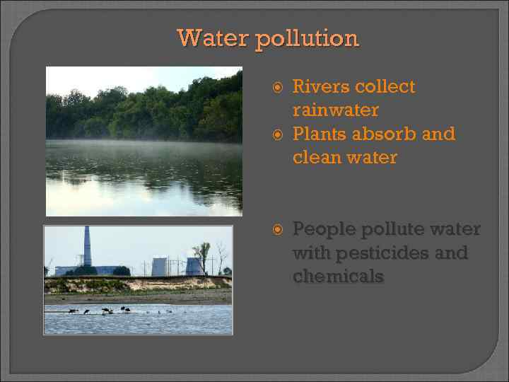 Water pollution Rivers collect rainwater Plants absorb and clean water People pollute water with