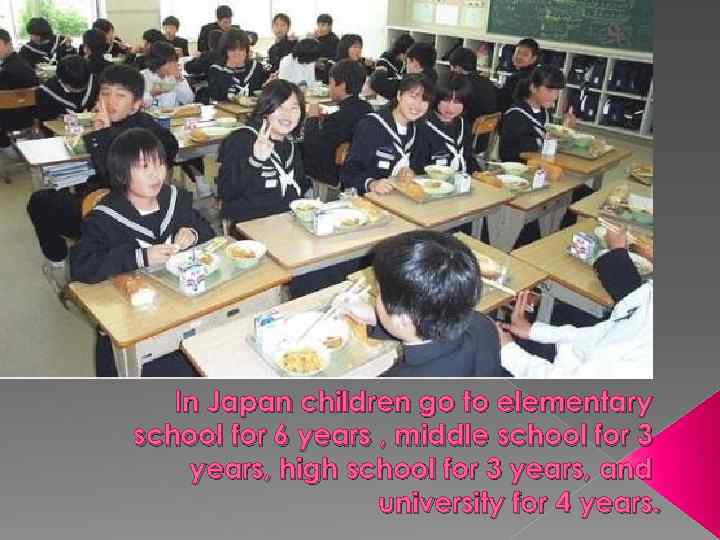 In Japan children go to elementary school for 6 years , middle school for