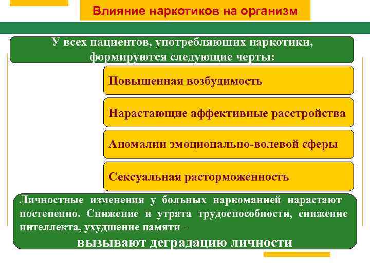 Влияние наркотиков на организм У всех пациентов, употребляющих наркотики, формируются следующие черты: Повышенная возбудимость