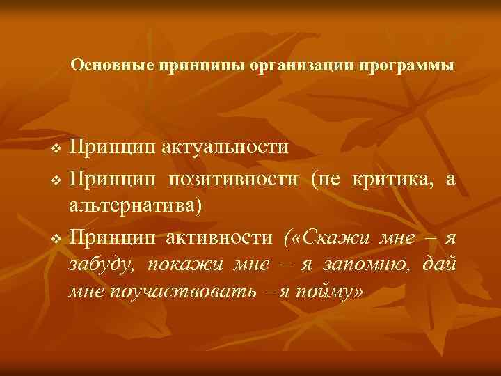 Основные принципы организации программы Принцип актуальности v Принцип позитивности (не критика, а альтернатива) v