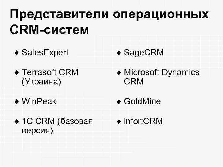 Представители операционных CRM-систем ¨ Sales. Expert ¨ Sage. CRM ¨ Terrasoft CRM (Укpaинa) ¨