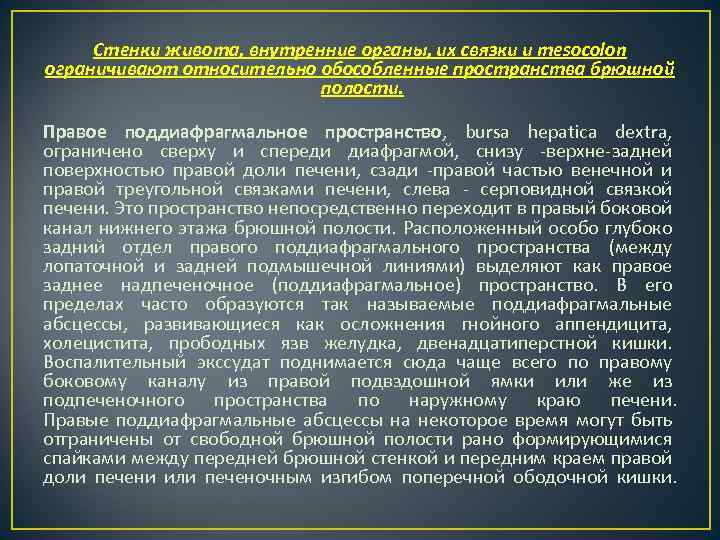 Стенки живота, внутренние органы, их связки и mesocolon ограничивают относительно обособленные пространства брюшной полости.