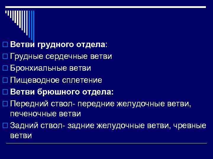 o Ветви грудного отдела: o Грудные сердечные ветви o Бронхиальные ветви o Пищеводное сплетение