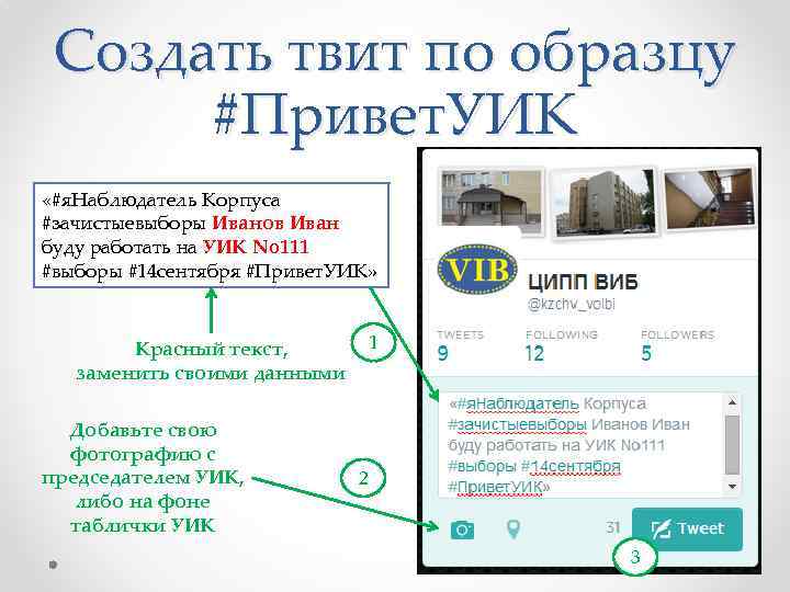 Создать твит по образцу #Привет. УИК «#я. Наблюдатель Корпуса #зачистыевыборы Иванов Иван буду работать