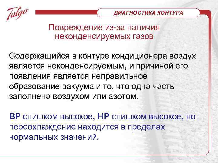 ДИАГНОСТИКА КОНТУРА Повреждение из-за наличия неконденсируемых газов Содержащийся в контуре кондиционера воздух является неконденсируемым,