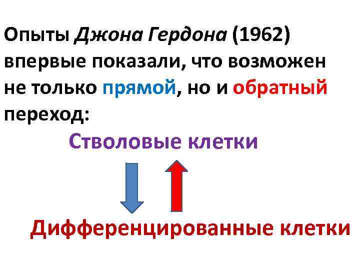 Опыты Джона Гердона (1962) впервые показали, что возможен не только прямой, но и обратный