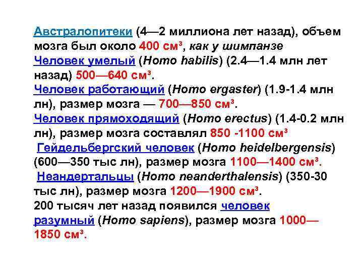 Австралопитеки (4— 2 миллиона лет назад), объем мозга был около 400 см³, как у