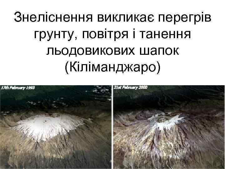 Знеліснення викликає перегрів грунту, повітря і танення льодовикових шапок (Кіліманджаро) 