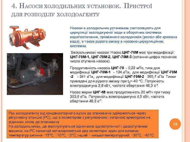 4. НАСОСИ ХОЛОДИЛЬНИХ УСТАНОВОК. ПРИСТРОЇ ДЛЯ РОЗПОДІЛУ ХОЛОДОАГЕНТУ Насоси в холодильних установках застосовують для