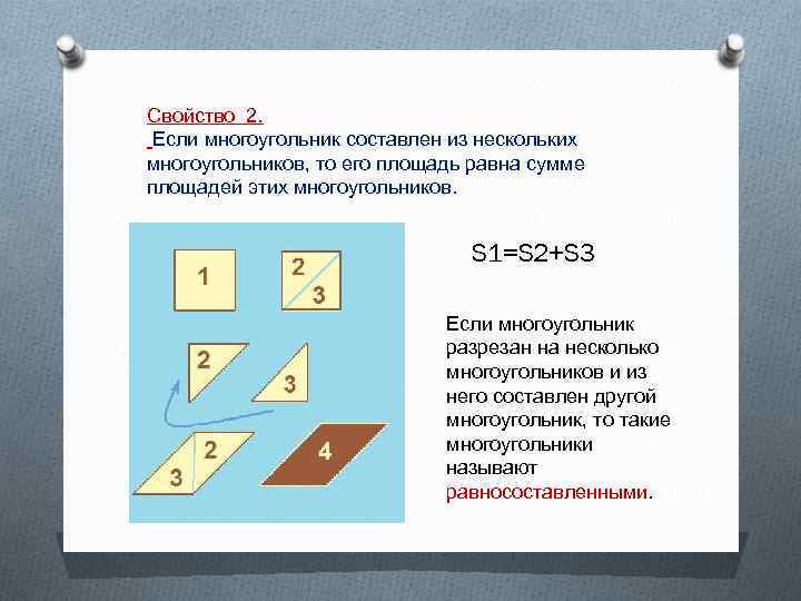 Свойство 2. Если многоугольник составлен из нескольких многоугольников, то его площадь равна сумме площадей