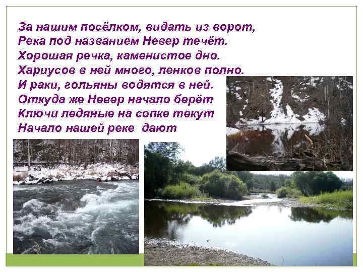 За нашим посёлком, видать из ворот, Река под названием Невер течёт. Хорошая речка, каменистое