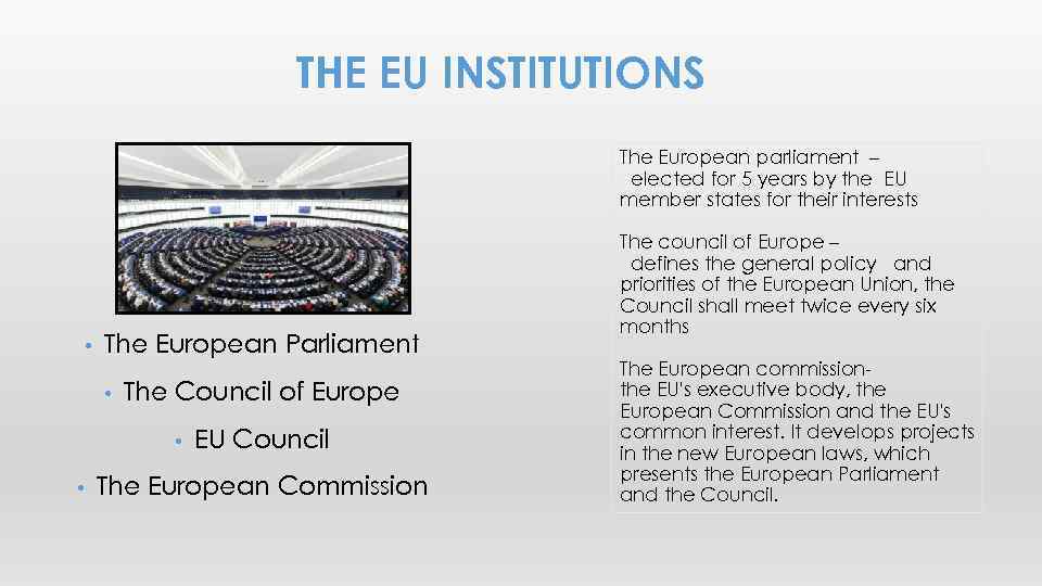 THE EU INSTITUTIONS The European parliament – elected for 5 years by the EU
