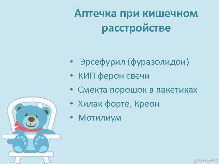 Аптечка при кишечном расстройстве • • • Эрсефурил (фуразолидон) КИП ферон свечи Смекта порошок