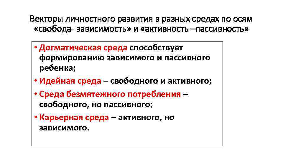 Векторы личностного развития в разных средах по осям «свобода- зависимость» и «активность –пассивность» •