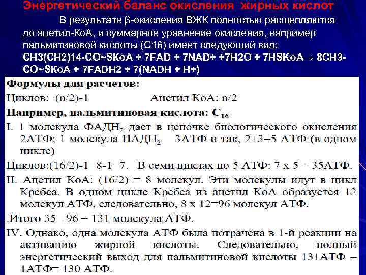 Энергетический баланс окисления жирных кислот В результате β-окисления ВЖК полностью расщепляются до ацетил-Ко. А,