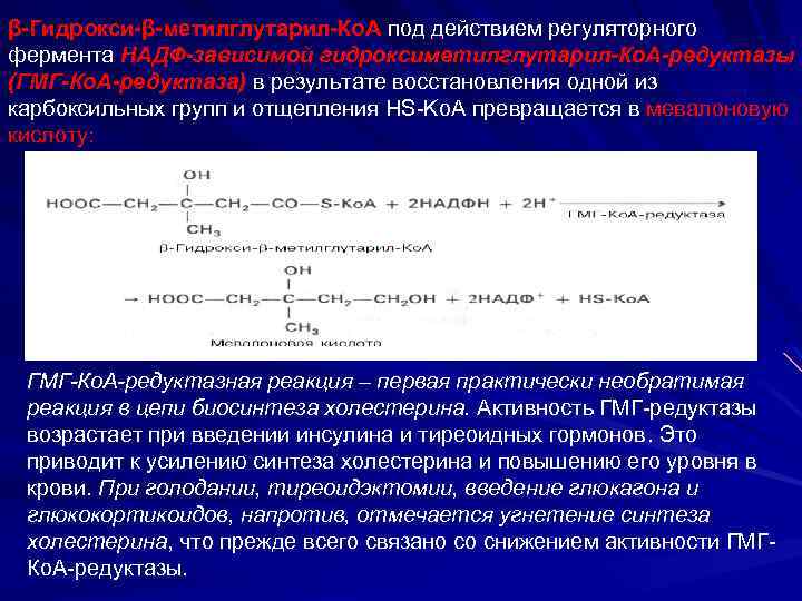 β-Гидрокси-β-метилглутарил-Ко. А под действием регуляторного фермента НАДФ-зависимой гидроксиметилглутарил-Ко. А-редуктазы (ГМГ-Ко. А-редуктаза) в результате восстановления