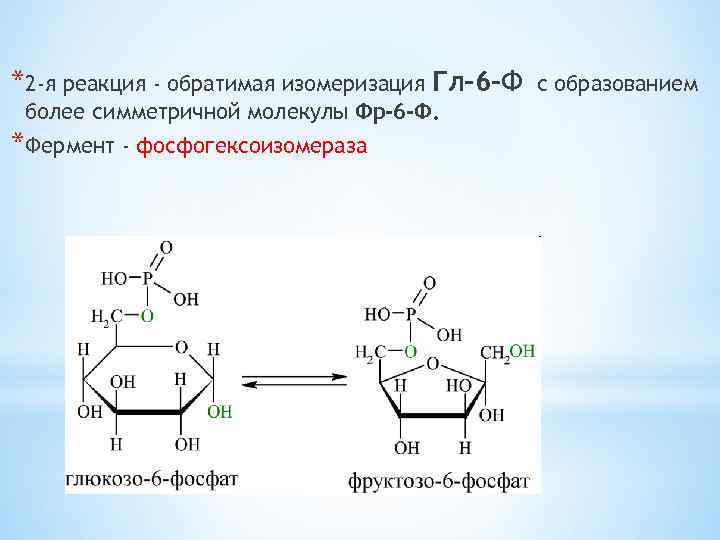 *2 -я реакция - обратимая изомеризация Гл-6 -Ф более симметричной молекулы Фр-6 -Ф. *Фермент