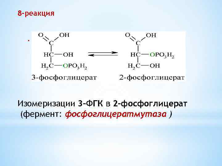 8 -реакция. Изомеризации 3 -ФГК в 2 -фосфоглицерат (фермент: фосфоглицератмутаза ) 