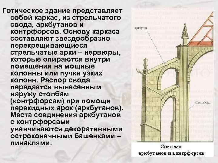Готическое здание представляет собой каркас, из стрельчатого свода, аркбутанов и контрфорсов. Основу каркаса составляют