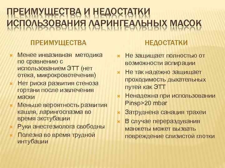 ПРЕИМУЩЕСТВА И НЕДОСТАТКИ ИСПОЛЬЗОВАНИЯ ЛАРИНГЕАЛЬНЫХ МАСОК ПРЕИМУЩЕСТВА Менее инвазивная методика по сравнению с использованием