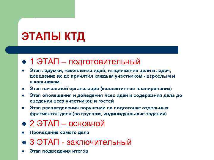 ЭТАПЫ КТД l 1 ЭТАП – подготовительный l Этап задумки, накопления идей, выдвижение цели