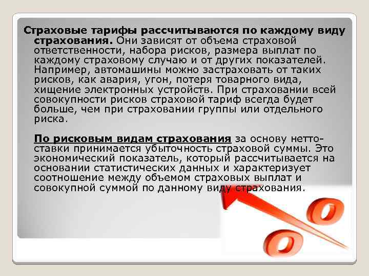 Страховые тарифы рассчитываются по каждому виду страхования. Они зависят от объема страховой ответственности, набора