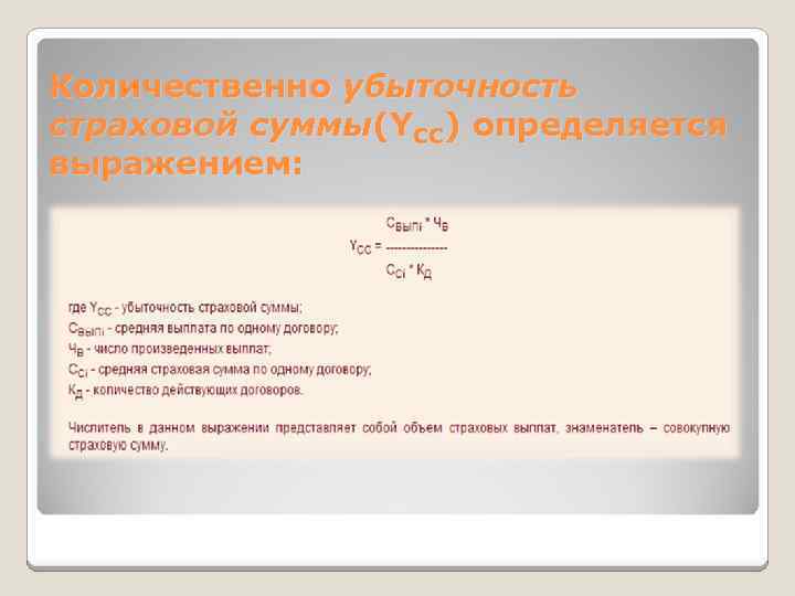 Количественно убыточность страховой суммы(YCC) определяется выражением: 