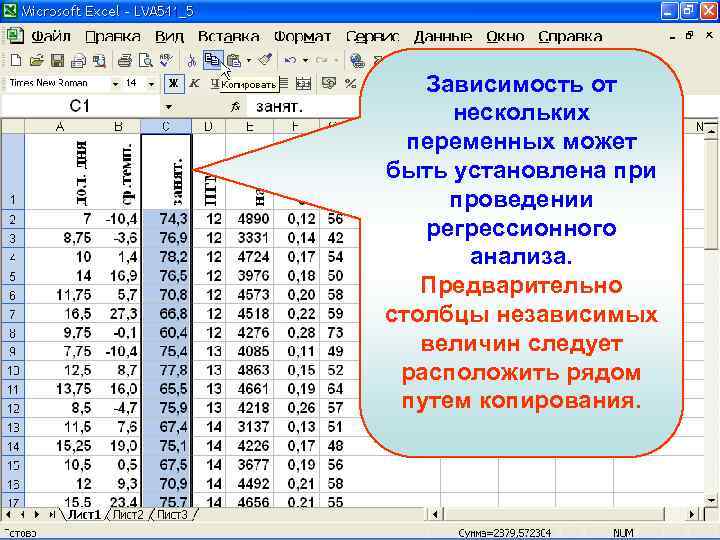Зависимость от нескольких переменных может быть установлена при проведении регрессионного анализа. Предварительно столбцы независимых